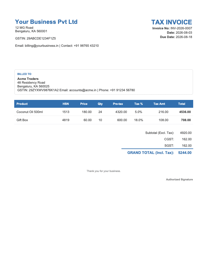 Classic GST invoice template — traditional bordered tax invoice layout