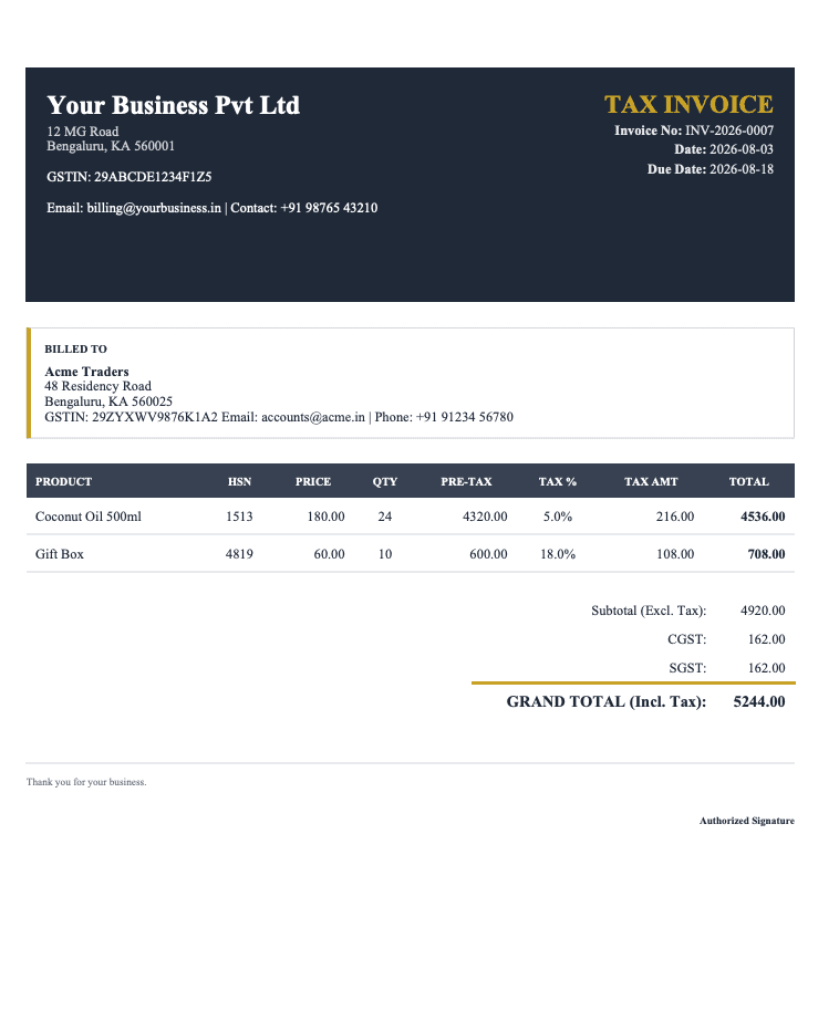 Corporate GST invoice template with logo header and terms footer