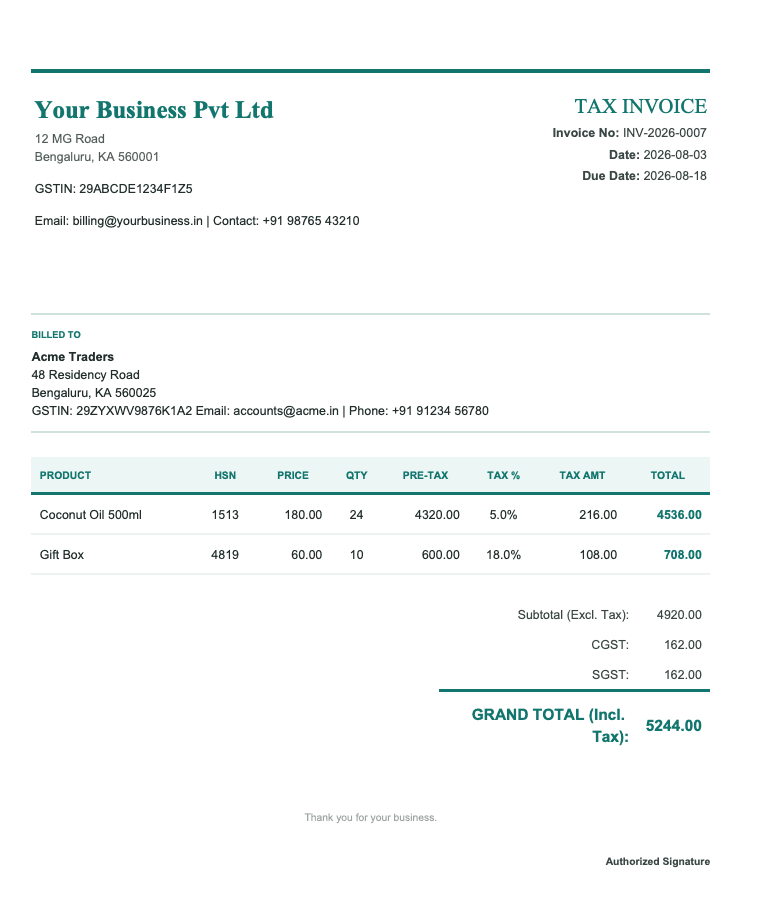 Elegant GST invoice template with emerald accent and airy spacing