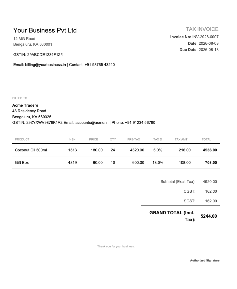 Minimal GST invoice template — border-free, typography-led layout
