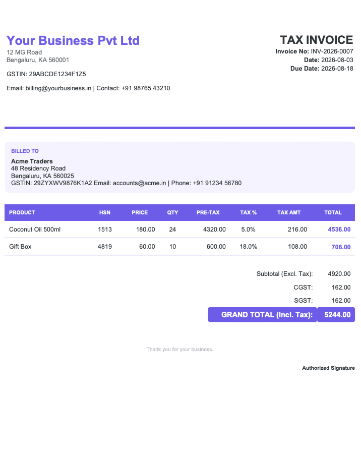 Modern GST invoice template with an accent-coloured header band