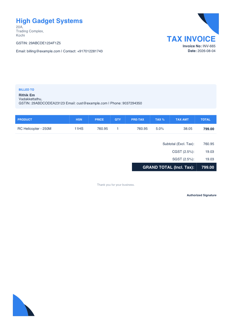 Wave GST invoice template with curved blue accents and a coloured table header