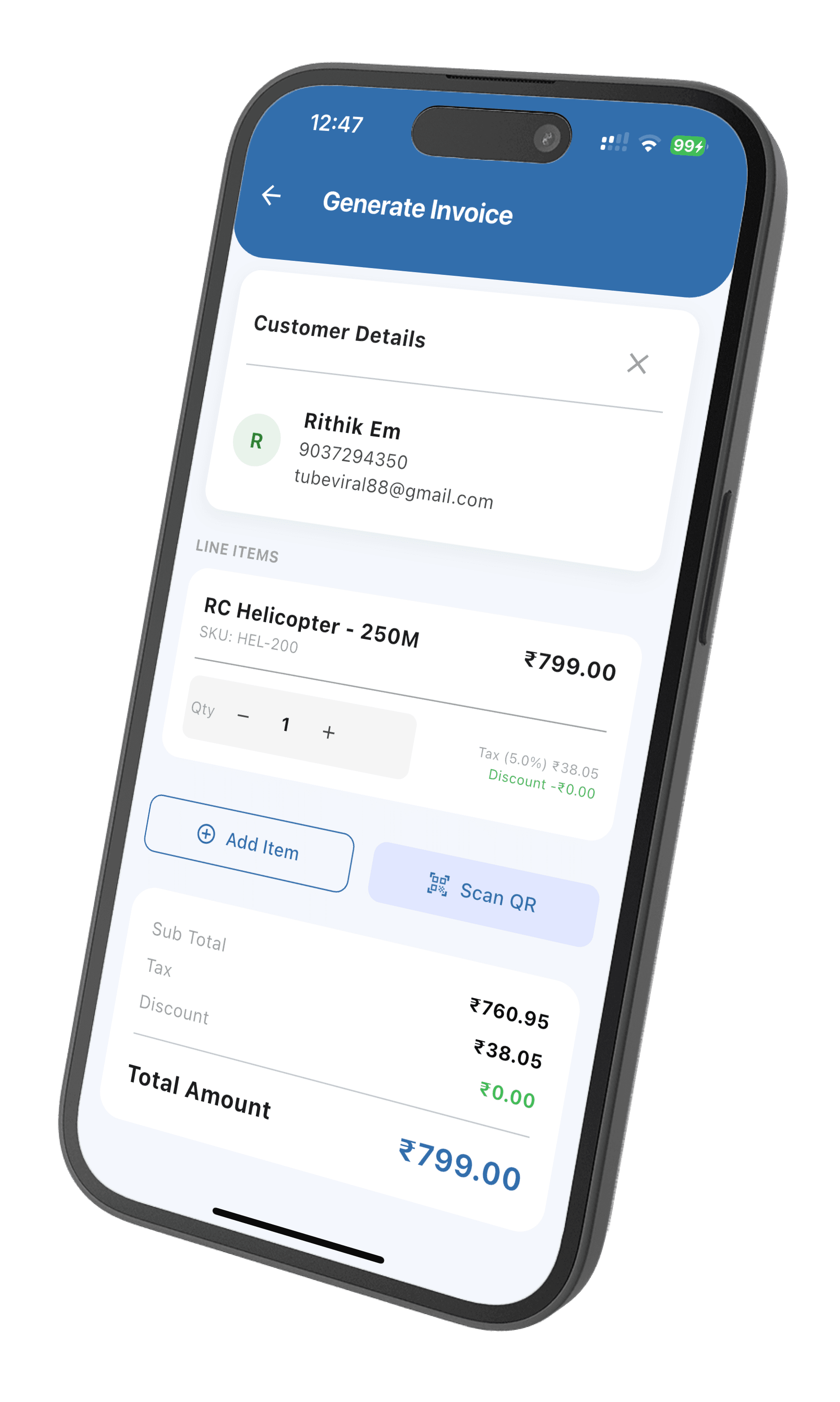 Billing a retail customer at the counter in the Wiseventory app, with the scanned item priced on the bill