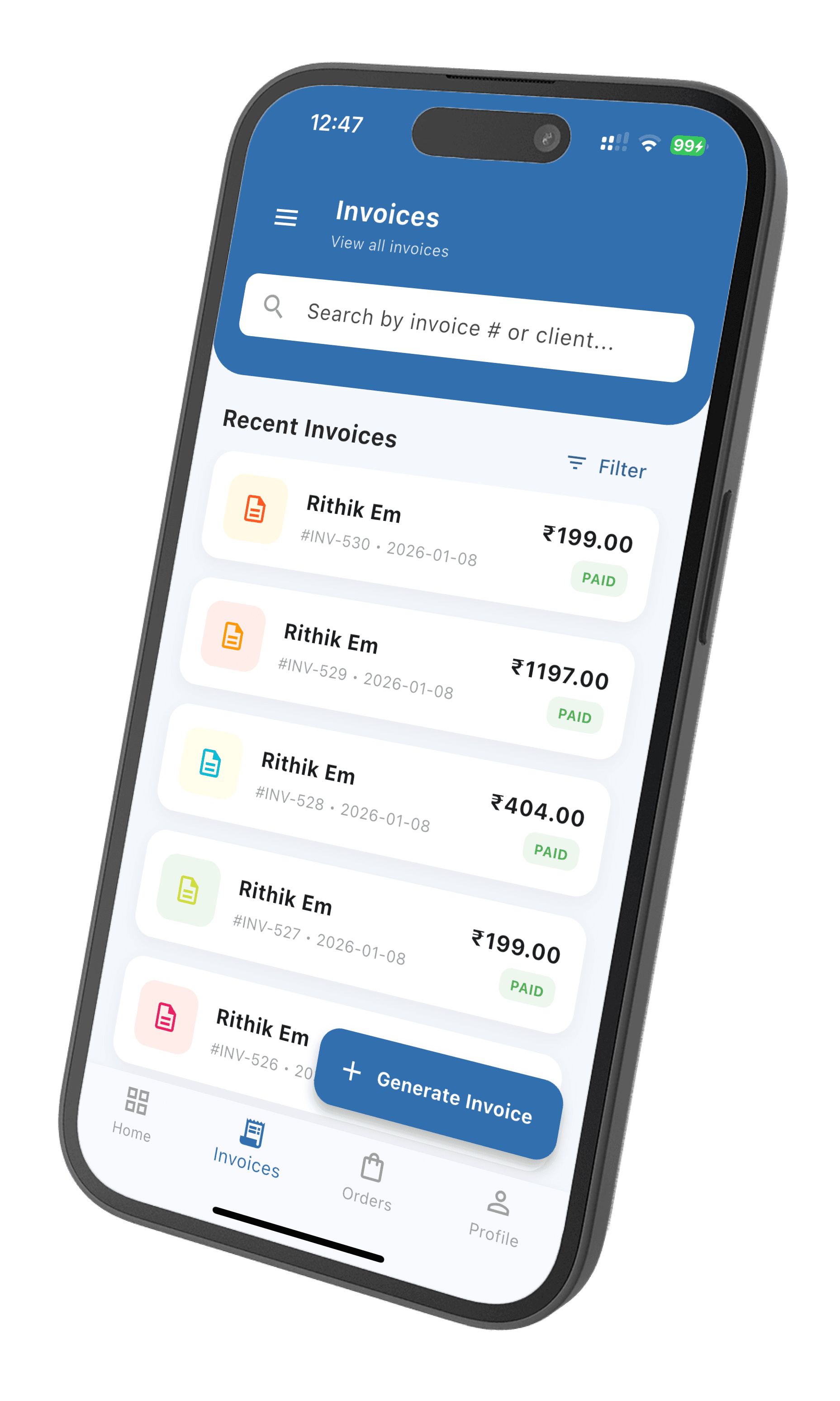 A day's retail bills listed in the Wiseventory app with totals and payment status