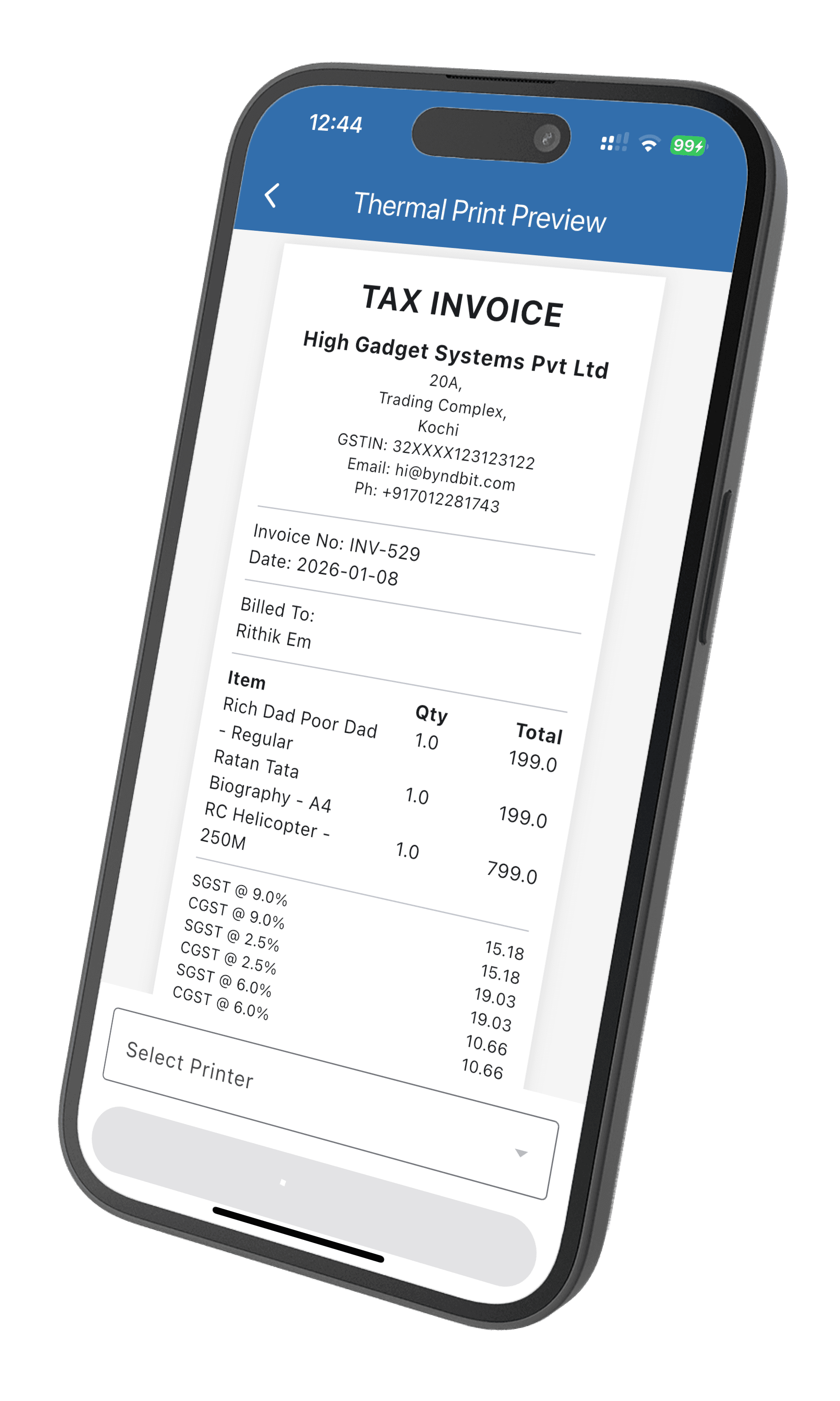 Wiseventory thermal receipt on a mobile phone