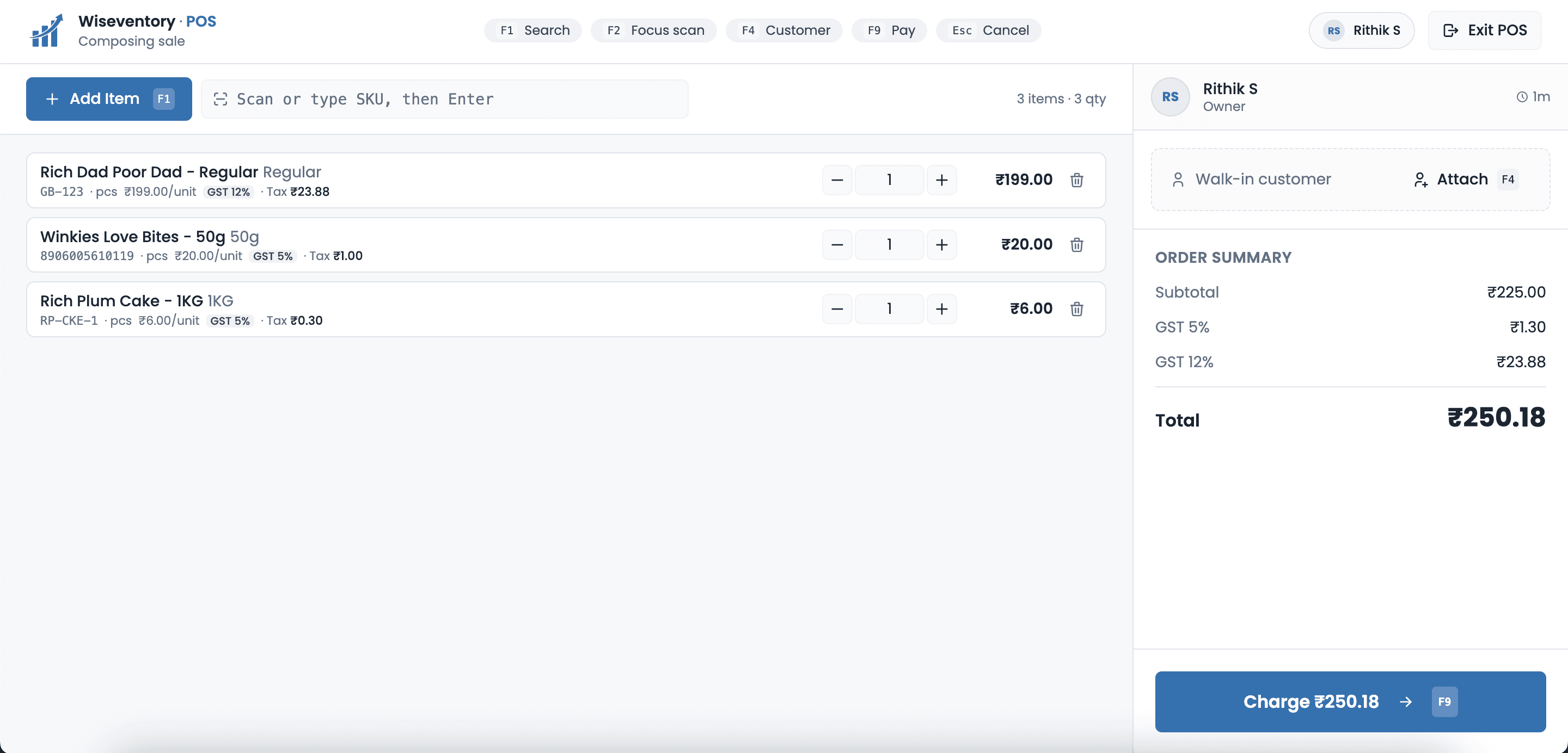Wiseventory POS Terminal — cart, line items, GST breakdown, multi-payment