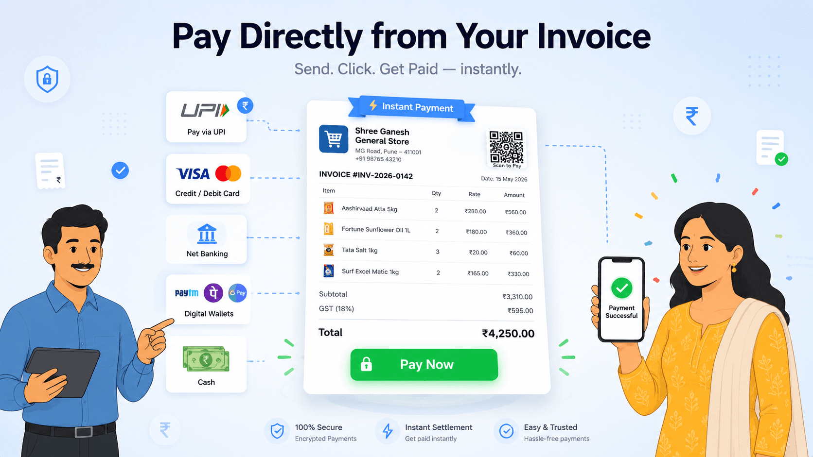 Customer paying a Wiseventory invoice via UPI, card or net banking with a one-tap Pay Now button
