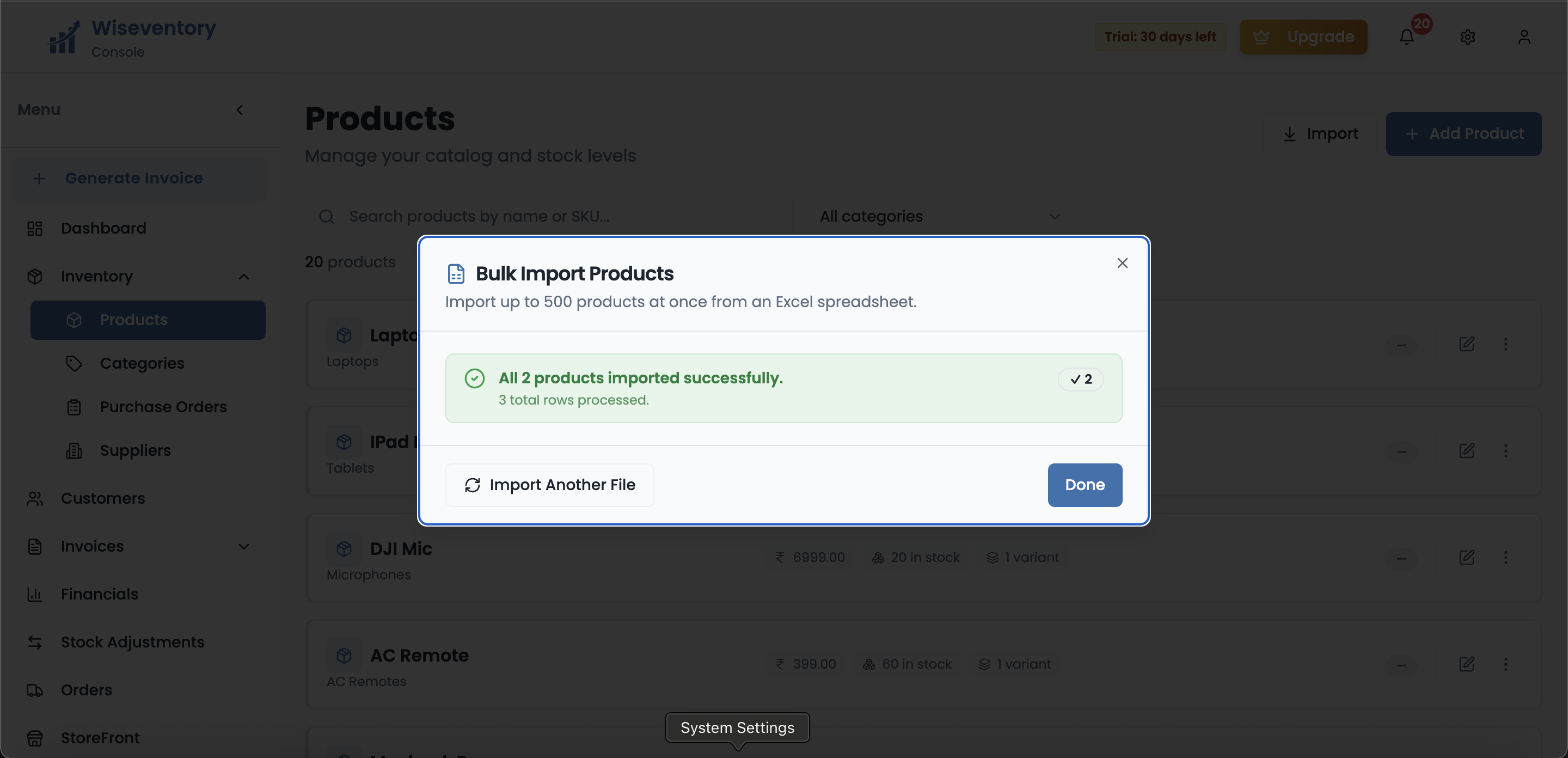 Wiseventory bulk import success screen showing all products imported successfully with row count