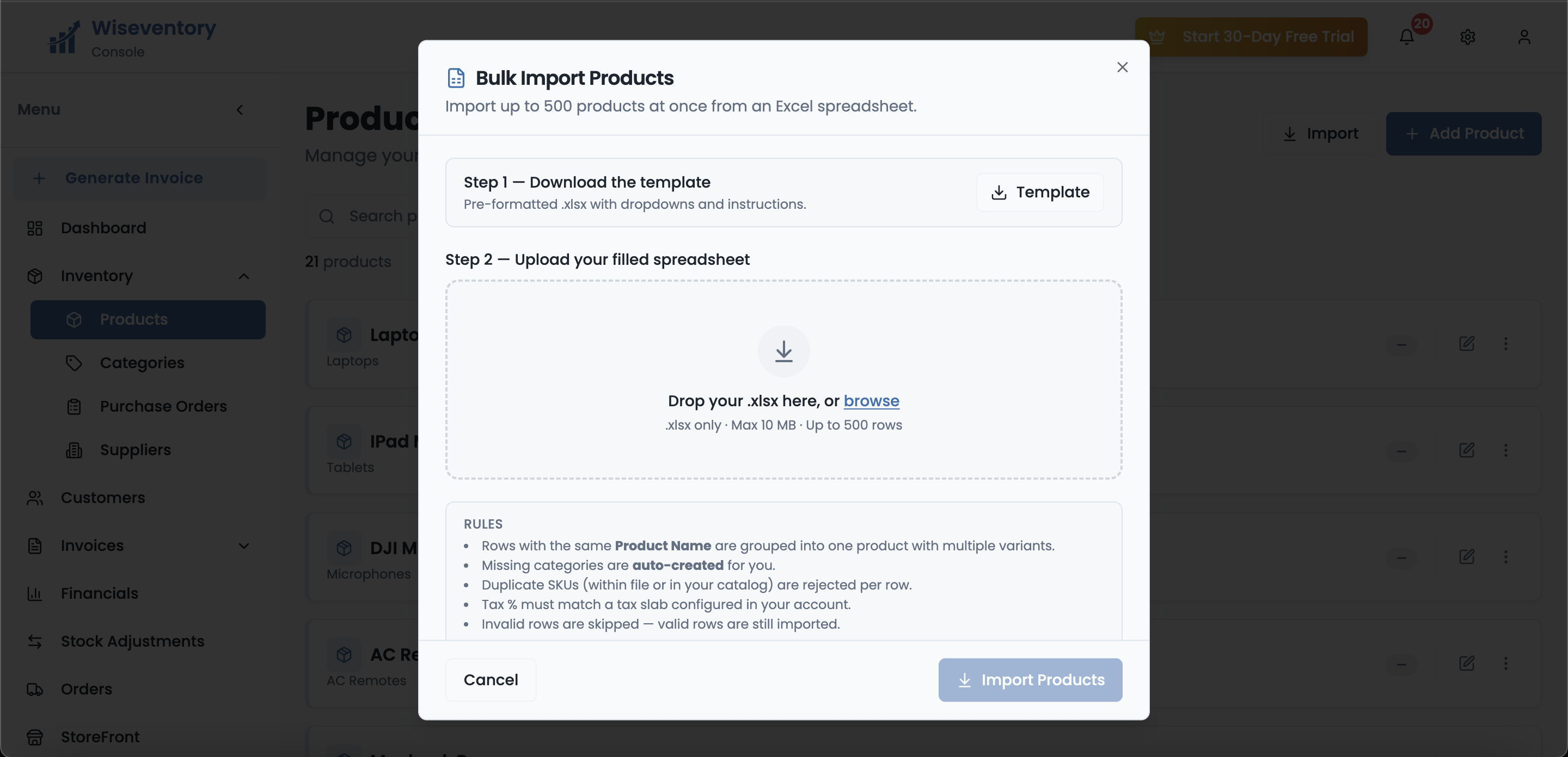 Wiseventory Bulk Import Products modal — Step 1 download template, Step 2 drag and drop Excel file, with rules section