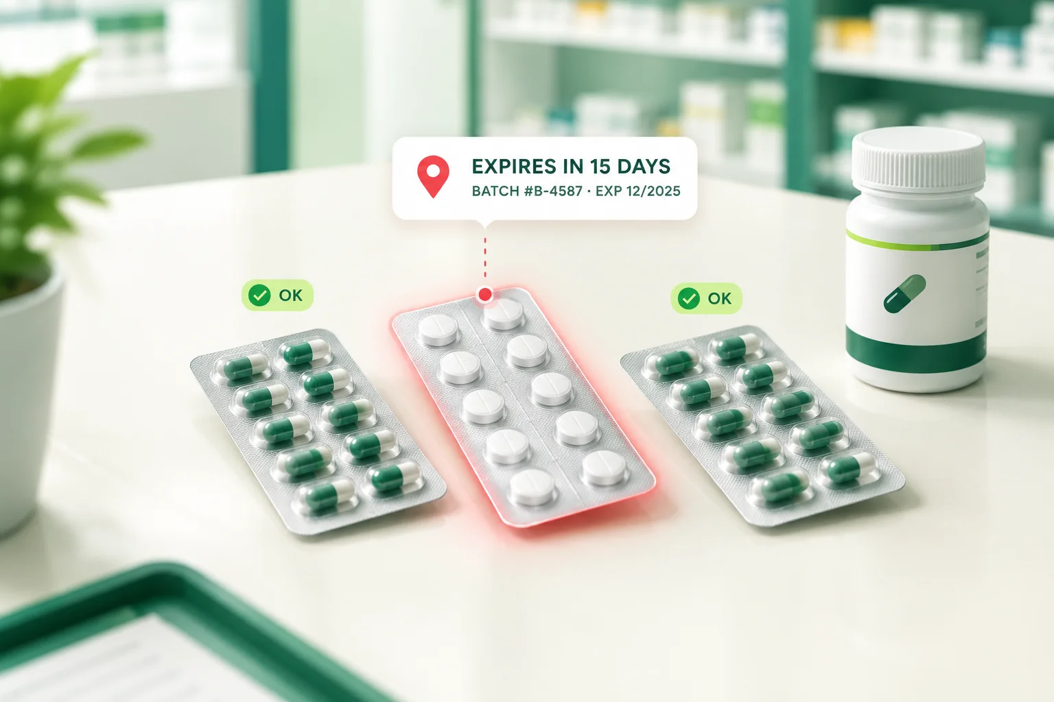 Medicine strips with one flagged as expiring in 15 days, batch B-4587