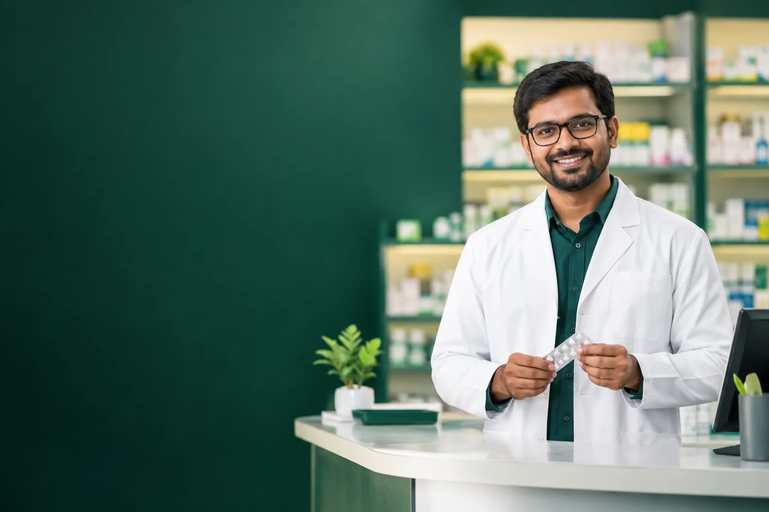 Indian pharmacist managing medicine stock with Wiseventory