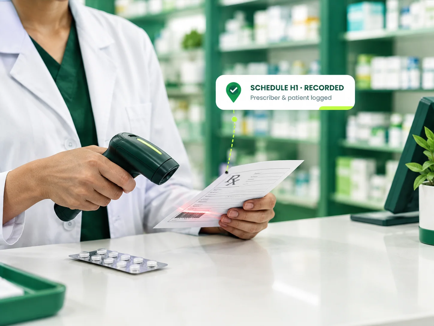 Pharmacist recording a Schedule H1 prescription with prescriber and patient details