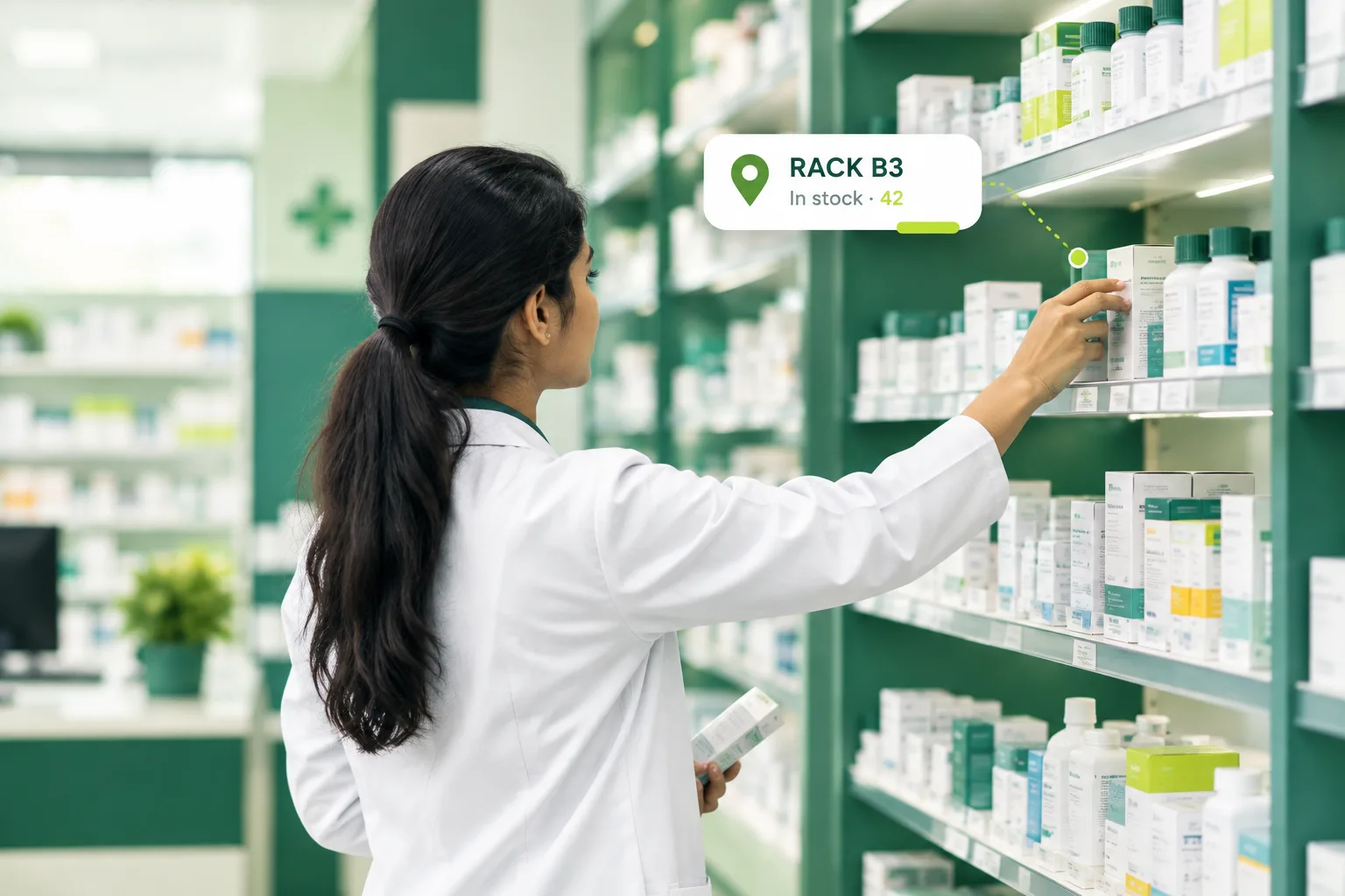 Pharmacist finding a medicine on rack B3 with an in-stock location callout